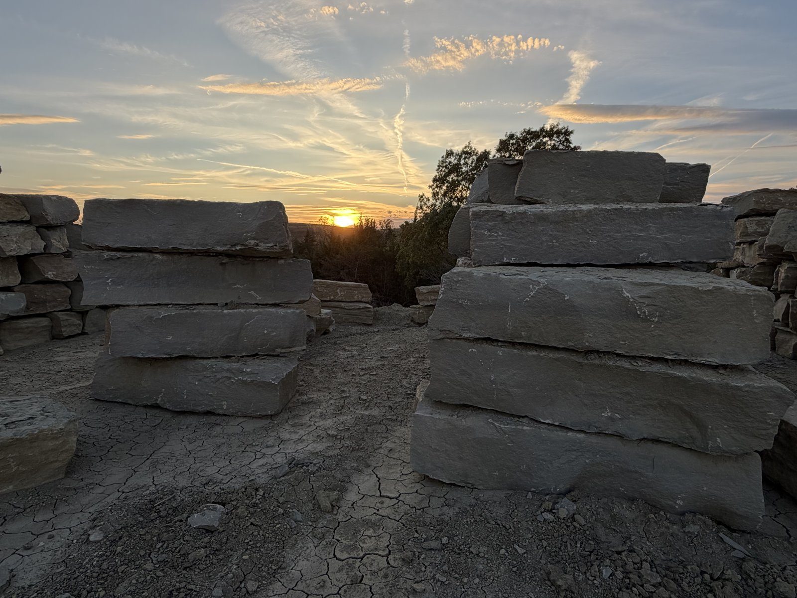 14" Sundown Ledge Gray Horizon – two stacks at the quarry at sunset